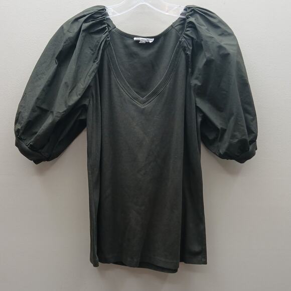 A Loves A Puff Sleeves V-Neckline Blouse Top Minimalist Dark Olive Green Large - Picture 1 of 5